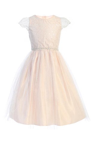 Sweet Kids SK898 Blush Pink Cord & Sequins Embroidered Lace w/ Scalloped Sleeve