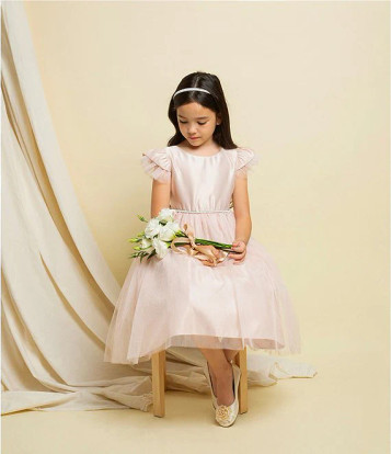 Sweet Kids SK910 Blush Pink Flutter Sleeve Satin & Tulle Dress Sweet Kids SK910 Blush Pink Flutter Sleeve Satin & Tulle Dress