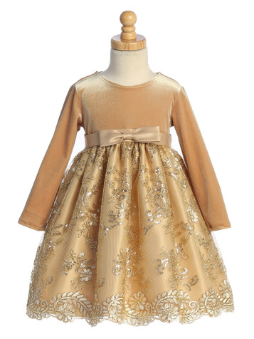 Swea Pea and Lili C743 Gold Velvet Bodice with Tulle Sequence Skirt Swea Pea and Lili C743 Gold Velvet Bodice with Tulle Sequence Skirt
