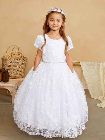 Tip Top Kids 5845 Short Sleeve 3D Floral Overlay Dress Tip Top Kids 5845 Short Sleeve 3D Floral Overlay Dress