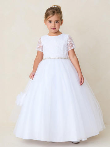 Tip Top Kids 5880 Short Sleeve Embroidery Bodice w/ Rhinestone Waist & Tulle Skirt Tip Top Kids 5880 Short Sleeve Embroidery Bodice w/ Rhinestone Waist & Tulle Skirt