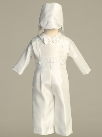 Boys Christening Suspendered Shantung Pant Set w/ Embroidered Cross