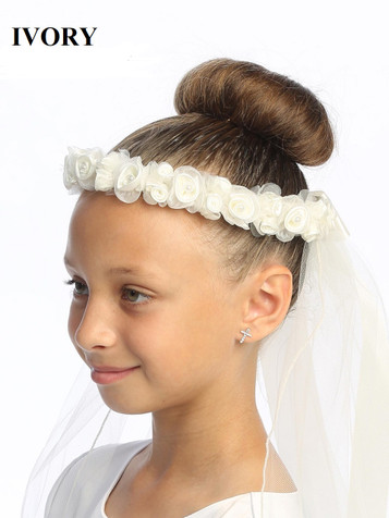 Swea Pea and Lilli Ivory Satin & Organza Flowers w/ Rosebuds 30" Communion Veil