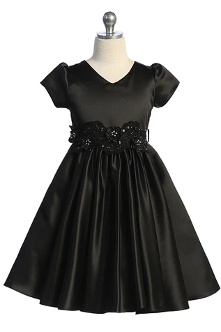Just Kids Black Satin Dress w/ Removable 3D Flower Belt