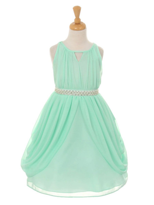 Mint Chiffon Pleated Pearl Belt Dress - Pink Princess