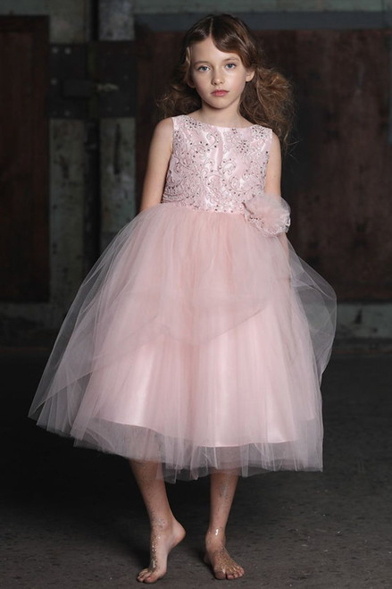 Blush Pink Beaded Embroidered Bodice Tulle Dress w/ Hand Rolled