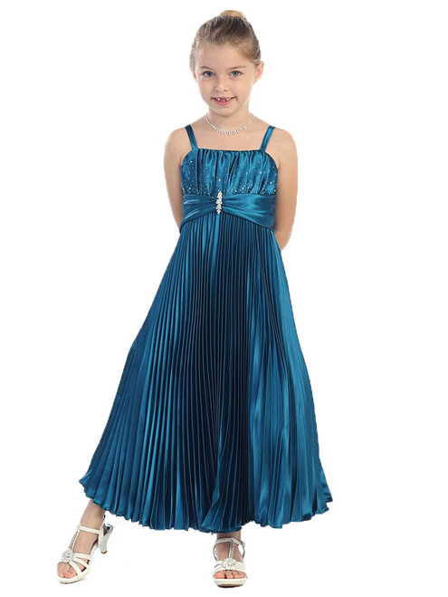 Teal Shiny Satin Pleated Long Dress - Pink Princess