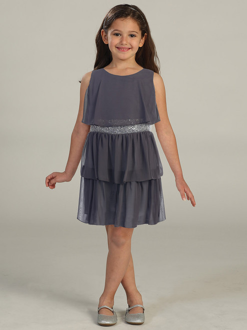 Charcoal Tiered Chiffon Dress w/ Sequins Belt