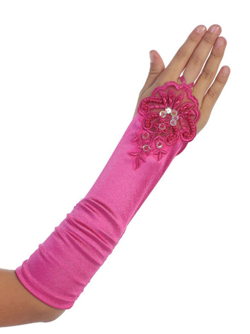 Fuchsia Long Satin Ruched Girls' Glovettes w/ Lace - Pink