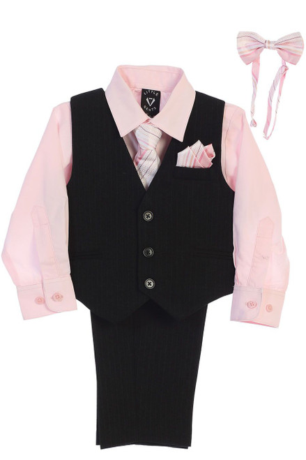 Little Gents 8571 Black/Pink Pin-Striped Vest & Pant 6PC Set