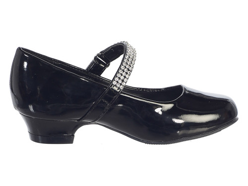 Black Patent Girls Low Heel Dress Shoe with Rhinestone Strap - Pink ...