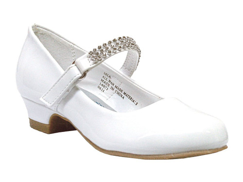 White Low Heel Girls Dress Shoe w/ Rhinestone Strap - Pink Princess