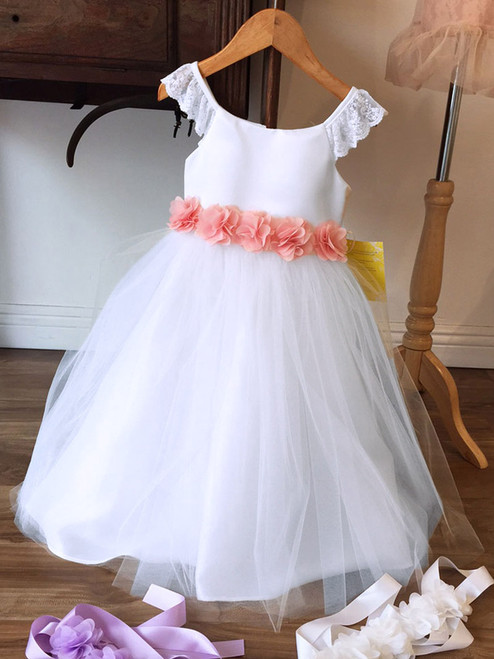 White Lace Sleeve Satin and Tulle Dress w/ Chiffon Flower Sash