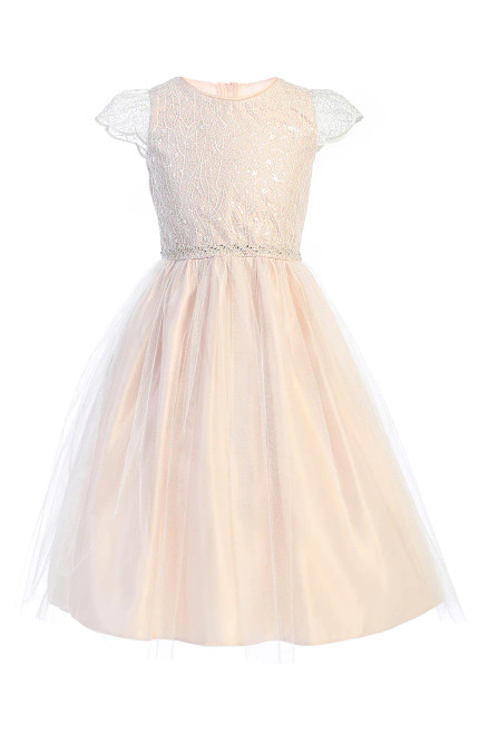Sweet Kids Sk898 Blush Pink Cord & Sequins Embroidered Lace w/ Scalloped Sleeve - Size: 4 | Pink Princess