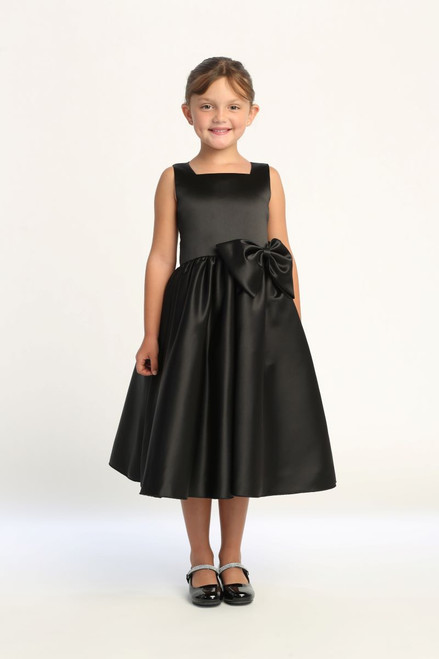 Blossom Bl257 Black Square Neckline Satin Dress With Bow - Size: 5 | Pink Princess