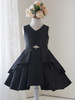 Black Satin Sleeveless V-Neck Dress w/ Ruffles