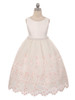 Ivory Embroidered Floral Dress w/ Pearl Waistband & Scallop Hem