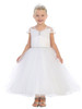 White Tulle Ball Gown w/ Cap Sleeve & Rhinestone Detailing