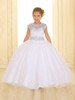 White Cap Sleeve Sparkling Organza Ball Gown w/ Beaded Neckline & Waist