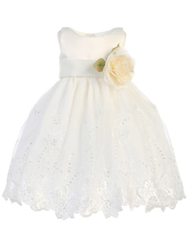 Blossom Ivory Satin & Embroidered Organza Dress w/ Sash & Flower - Pink ...