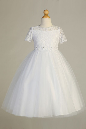Blossom BL307 White Short Sleeve Lace Tulle Dress w/ Floral Waistband ...