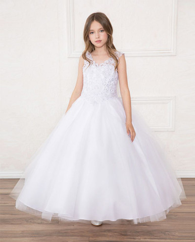 Calla SY119 White V-Neck Lace Glitter Overlay Tulle Dress - Pink Princess