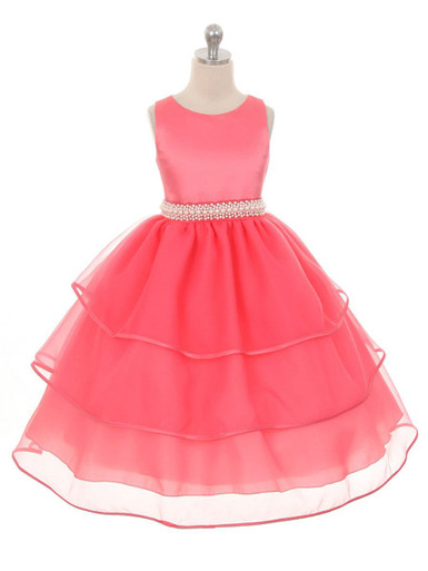 Coral Special Organza Tea Length Dress w/ Pearly Band - Pink Princess