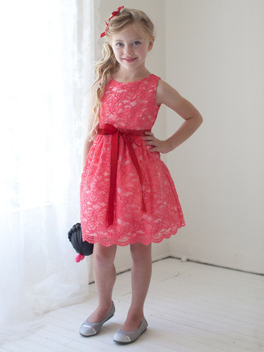 Coral Lace Dress W/ Sash - Size: 2 | Pink Princess