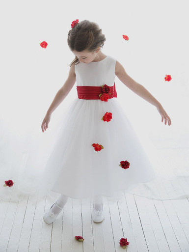 Red Satin Tulle Dress w/ Sash & Floating Flowers - Size: 2 | Pink Princess