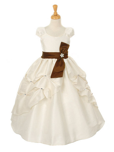 Ivory Dupioni Dress W/ Rhinestone Pinched Front Split Skirt & Detachable Sash (Turquoise / 12) | Pink Princess