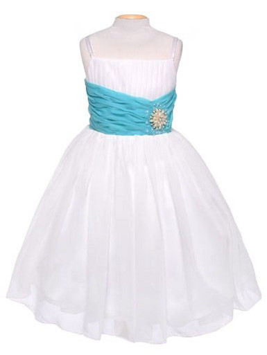Off-White Chiffon Pleat & Pearl Dress W/ Turquoise Sash - Size: 12 | Pink Princess Off-White Chiffon Pleat & Pearl Dress W/ Turquoise Sash - Size: 12 | Pink Princess