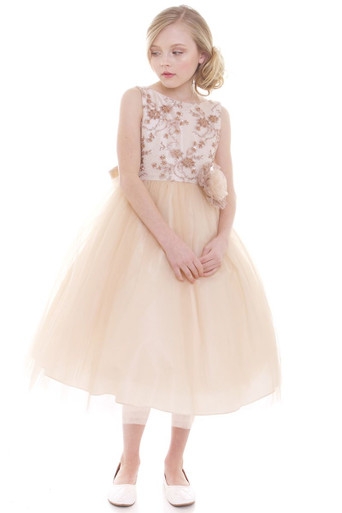 Champagne Beaded Embroidered Bodice Tulle Dress W/ Hand Rolled Rosette - Size: 10 | Pink Princess Champagne Beaded Embroidered Bodice Tulle Dress W/ Hand Rolled Rosette - Size: 10 | Pink Princess