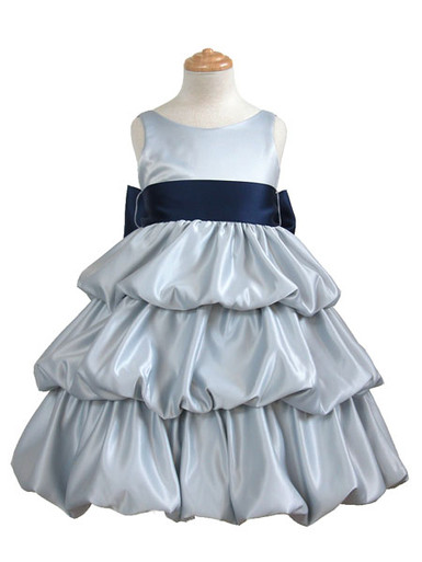 Silver Layered Satin Bubble Dress W/ Navy Blue Sash - Size: M (6-12mo.) | Pink Princess