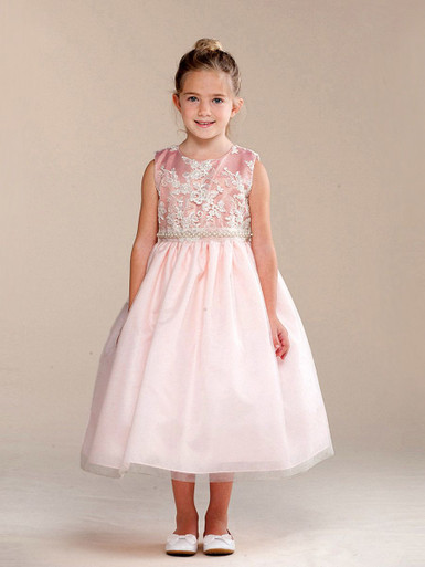 Girls Dusty Rose Embroidered Glitter Dress w/ Pearl Waistband - Pink ...