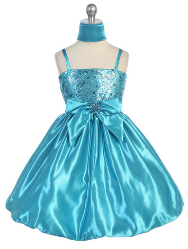 Turquoise Sequins Dress On Satin W/ Shawl - Size: 2 | Pink Princess
