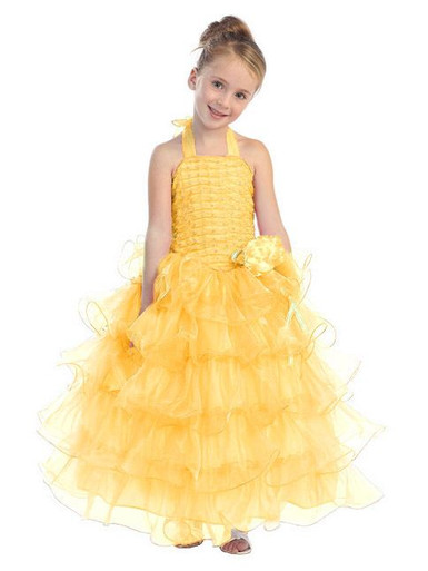 Yellow Halter Dress with Ruffle Layers & Flower - Pink Princess