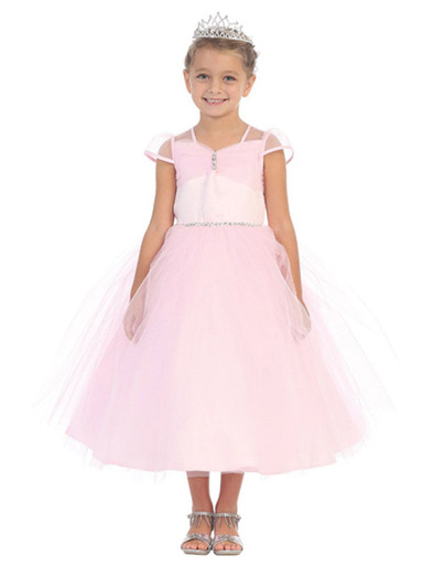 Pink Tulle Ball Gown w/ Cap Sleeve & Rhinestone Detailing - Pink Princess