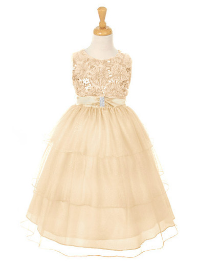 Champagne Embroidered Mesh Flower & Sequins Bodice Dress w/ Layered Sparkle Mesh Skirt - Size: 4 | Pink Princess