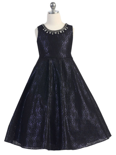 chinese dress ladies Pleated Tulle Dress with Yves Blue and Onyx Lace Applique