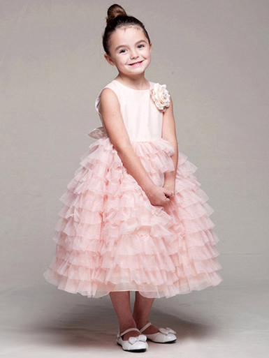 ワンピース EMBROIDERY TULLE TIERED DRESS peach-satin-bodice-layered-