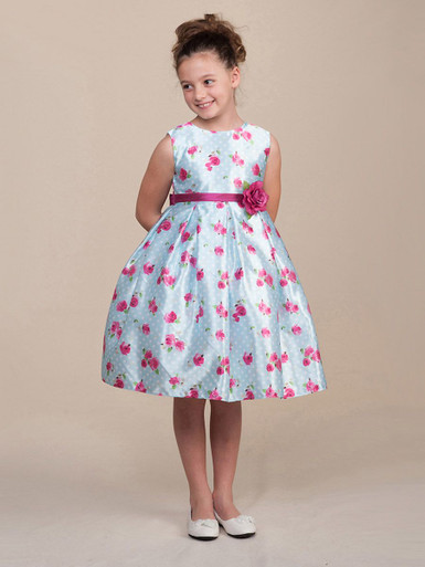 Light Blue Polka Dot Roses Dress w/ Waistband & Flower - Pink Princess