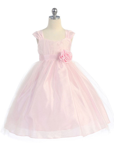 Pink Empire Waist Tulle Dress w/ Poly Silk Sleeve & Sash - Pink Princess