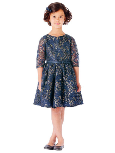 slim fit dress slacks Ball Gown Blue Prom Dress with Delicate Gold Leaf Lace main image 1