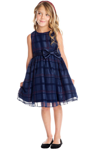 Sweet Kids SK714 Navy Blue Flocked Glitter Plaid Mesh Dress - Pink Princess