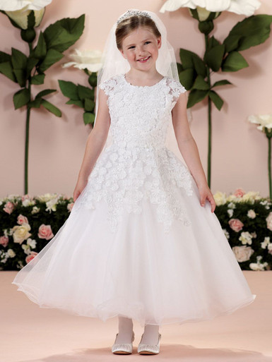 Joan Calabrese Satin & Tulle Dress w/ Illusion Venise Lace - Pink