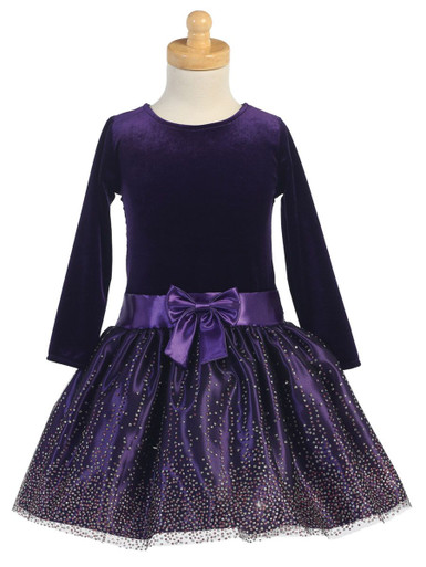 Purple Stretch Velvet w/ Sparkling Tulle Dress - Pink Princess