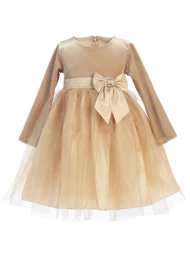 Swea Pea & Lilli C994 Gold Stretch Velvet w/ Glitter Tulle & Bow Dress - Pink Princess Swea Pea & Lilli C994 Gold Stretch Velvet w/ Glitter Tulle & Bow Dress - Pink Princess