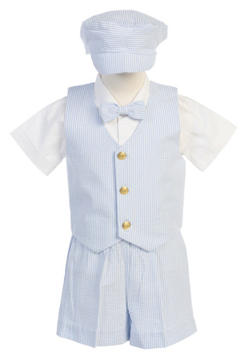 Blue/White Boys Striped Seersucker Suit w/Cotton Pants - Pink Princess