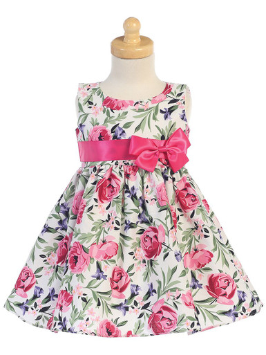 Girls Cotton Floral Print Dress w/ Fuchsia Sash - Pink Princess