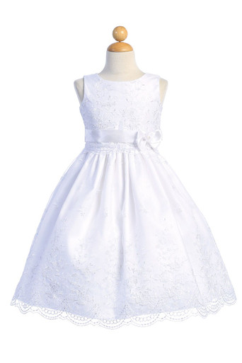 White Embroidered Organza Communion Dress w/ Ribbon - Pink Princess